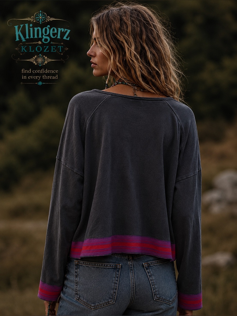 Charcoal cropped Crewneck Pullover with Pink Stripe Trim by Natural life - Picture 4 of 9
